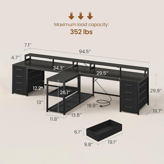 SEDETA 94.5" 2 Person Gaming Desk, Long Office Computer Desk with 8 Drawers & LED Light, Two Person Desk with Storage, Power Strip & Monitor Shelf for Home Office, Black