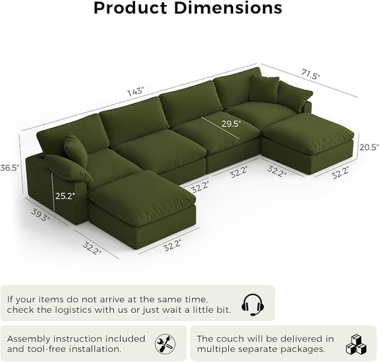 Modern Modular Sectional Sofa U-Shaped 6-Seat with Ottoman,Green-Extra Comfty Deep Seat Couch for Living Room,Apartment,Office & Small Spaces