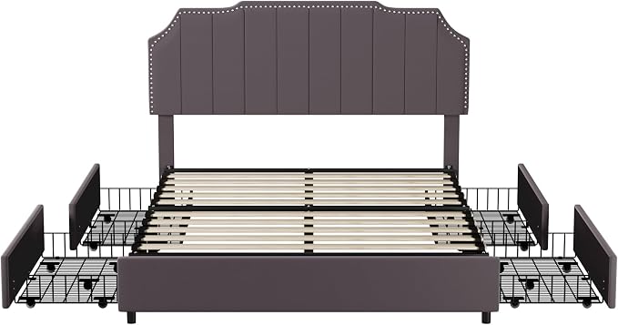 VECELO Queen Velvet Upholstered Platform Bed Frame with 4 Rollers Storage Drawers,Queen Size Bed with Tufted Height Adjustable Headboard,Wooden Slats/No Box Spring Needed/Easy Assembly