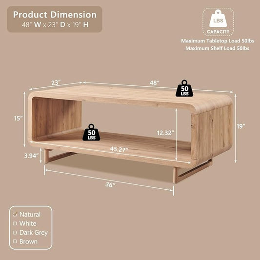 IFGET 48" Modern Coffee Table, 2-Tier Minimalist Center Table with Storage Shelf, Curved Profile Design, Wooden Rectangular Living Room Table w/Wood Thick Design for Living Room, Office, Natural Oak