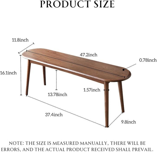 100% Solid Oak Dining Bench, Wood Bench for End of Bed with Rounded Corners, Entryway Benches for Farmhouse, Kitchen, Living Room(Walnut,12" L x 47.2" W x 16.2" H)
