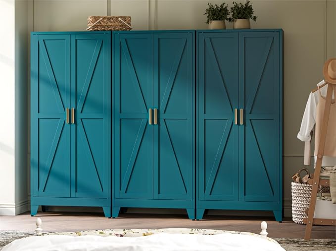 COFaR Metal Armoire Wardrobe Closet with Doors and Shelves & Hanging Rod, 71" Tall Freestanding Wardrobe Storage Cabinet, Bedroom Armoires,Steel Wardrobe Cabinet for Cloak Room,Laundry Room,Gym,Green