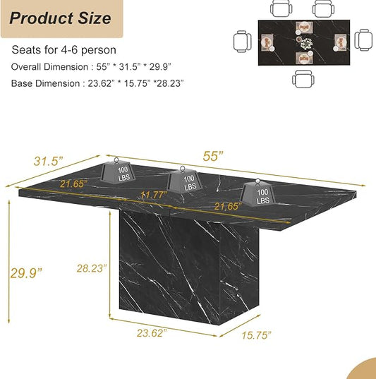 HSH 55 inch Dining Room Table for 4, Modern Black Faux Marble Dining Table, Rectangle Kitchen Table with Heavy Duty Pedestal, Industrial Wood Dinner Desk for Home Living Room, Black Marble, 55 Inch