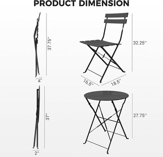 Grand patio 3-Piece Folding Bistro Set, 2 Chairs and 1 Table, Weather-Resistant Outdoor/Indoor Conversation Set for Patio, Yard, Garden-Black