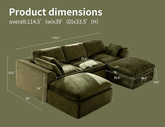 115" Modular Sectional Sofa – Modern Cloud Couch with Deep Chenille Seats, U-Shaped Boneless Sofa, Pet-Friendly, No Assembly, Olive Green (3 Seater + 2 Ottoman)
