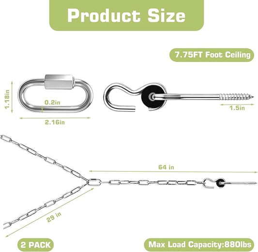 7.75FT Heavy Duty Porch Swing Chain Kit, 304 Stainless Steel, 800lbs Weight Capacity, Zinc-Plated Hanging Set for Patio Swings, Benches, Playgrounds, Porches, 2 Pack