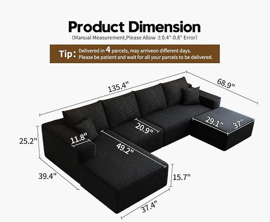 135.4" Cloud Modular Sectional Couch with 1 Ottoman,Modern Minimalist Upholstered Couches, Comfort U Shaped Sofa for Living Room,Deep Seat Corner Couch,No Assembly Required (Black,Left Facing Chaise)