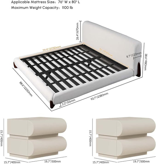homary 3-Pieces Bedroom Sets King Size Upholstered Bed Frame with 2 Smart Nightstands – Bouclé Platform Bed with Upholstered Headboard, Leather Nightstands with Wireless Charging, USB