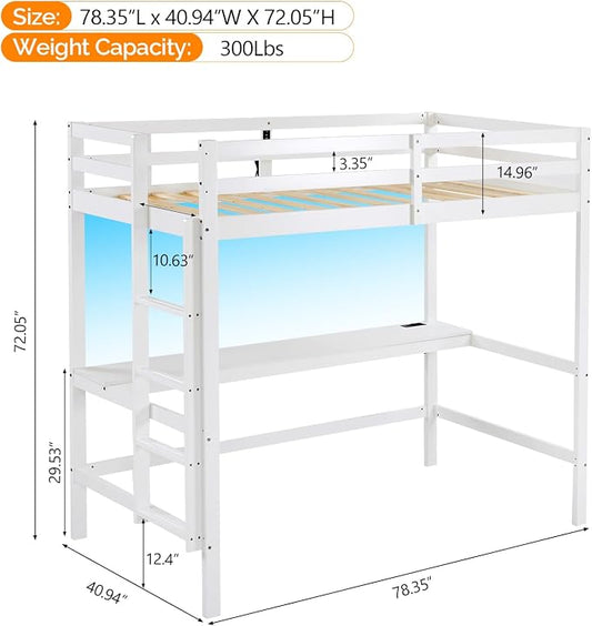 VINGLI Loft Bed with Desk, Wood Bunk Bed Twin Size with RGB LED for Adults, 2 Charging Station on High Guardrail and Desk,Wood Slat Support, White