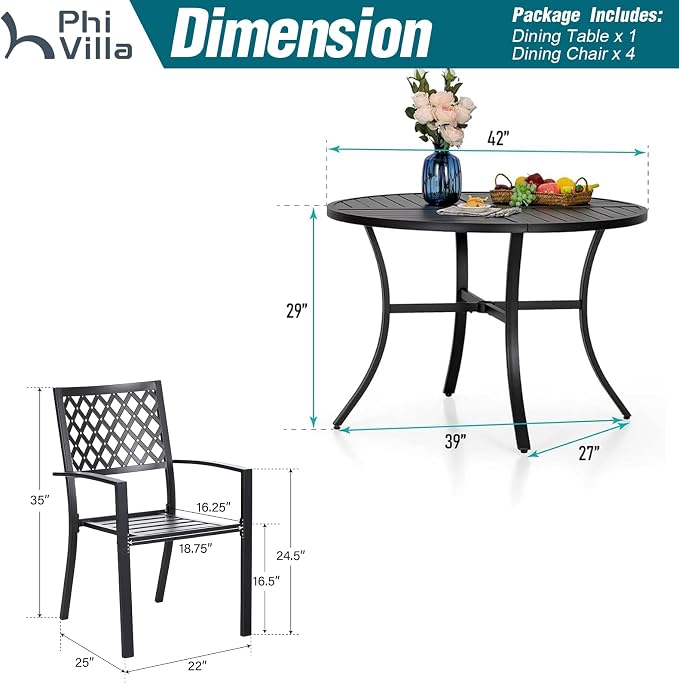 PHI VILLA 5 Pieces Outdoor Round Dining Set for 4, Metal Steel Circle Table with Umbrella Hole & Stacking Wrought Iron Chairs, Modern Furniture Set for Patio, Deck, Backyard, Porch