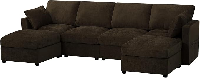 110” Chenille 4-Seats Sofa W/Two Movable Ottomans, Brown | Modern Fabric U-Shaped Couch w/Soft Backrests, Upholstered Sectional Sofa w/Arm Pillows for Living Room, Office