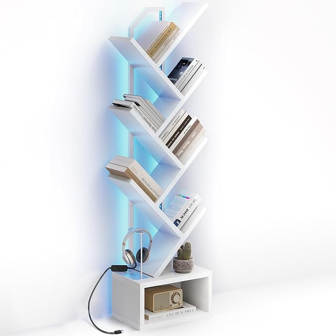 Casaottima Tree Bookshelf with LED Lights, 6-Tier Narrow Bookcase for Small Spaces, Tall Steel & Wood Storage Shelf with Cabinet, Home Decor & Organizer for Living Room/Bedroom/Home Office, White