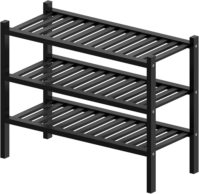 ROMGUAR CRAFT 3 Tier (Thick) Bamboo Shoe Rack for Entryway, Small Wood Shoe Shelf Storage Organizer for Closet, Shoe Stand for Hallway, Stackable and Sturdy 27"x12"x21" Black