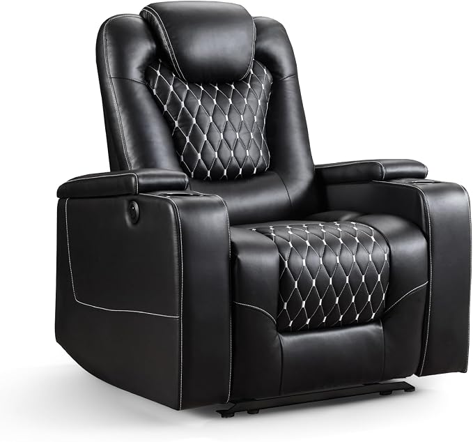 ANJ Power Recliner Chair with USB Ports and Cup Holders - Overstuffed Electric Home Theater Seating PU Leather Reclining Furniture with Hidden Arm Storage, Easy to Clean (Black)