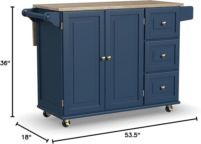 Homestyles Mobile Kitchen Island Cart with Wood Top and Dropleaf Breakfast Bar, Blue