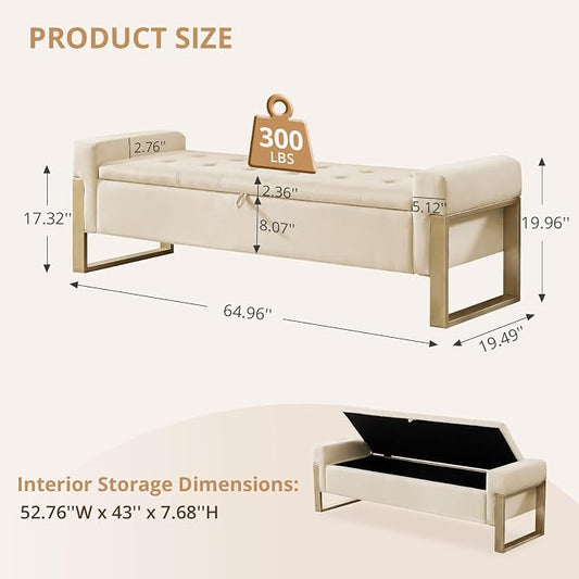 End of Bed Storage Bench, 67'' Bench for Bedroom Foot of Bed King Size, Modern Velvet Storage Ottoman Benches with Gold Legs for Windows Living Room, Beige