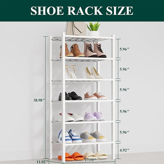 Smiry Small Bamboo Shoe Rack, 6 Tier Free Standing Wooden Shoe Organizer, Stackable Wood Shoe Storage Shelf for Closet, Entryway, 14 Vertical Slats, 2+2+2 Stack Thicker Legs, 17.3"x11"x39", White