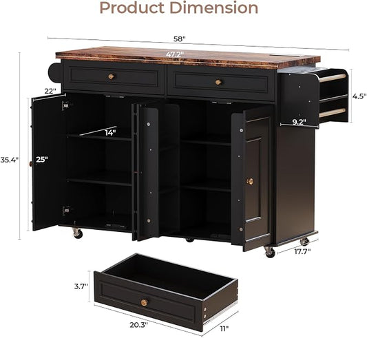58 Inch Kitchen Island with Storage Cabinet, Island Table for Kitchen, Rolling Islands Cart with Power Outlet, Adjustable Shelves, Drawers, Spice and Towel & Knife Racks, Black