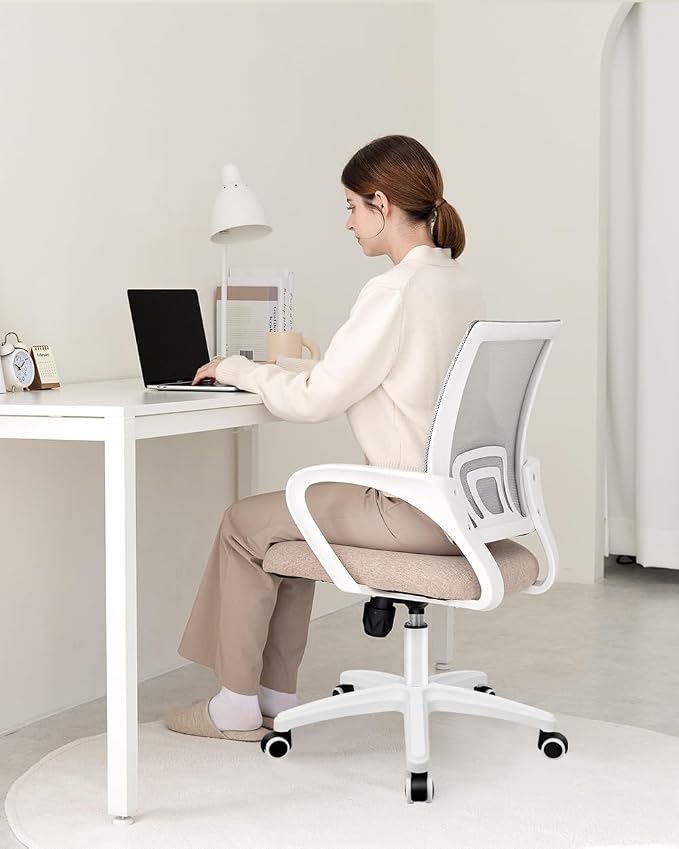 NEO CHAIR Office Desk Computer Chair Ergonomic Mesh Gaming Cushion Seat with Comfy Lumbar Mid Back Support Adjustable Height Swivel Rolling Wheels for Home Task (Beige)