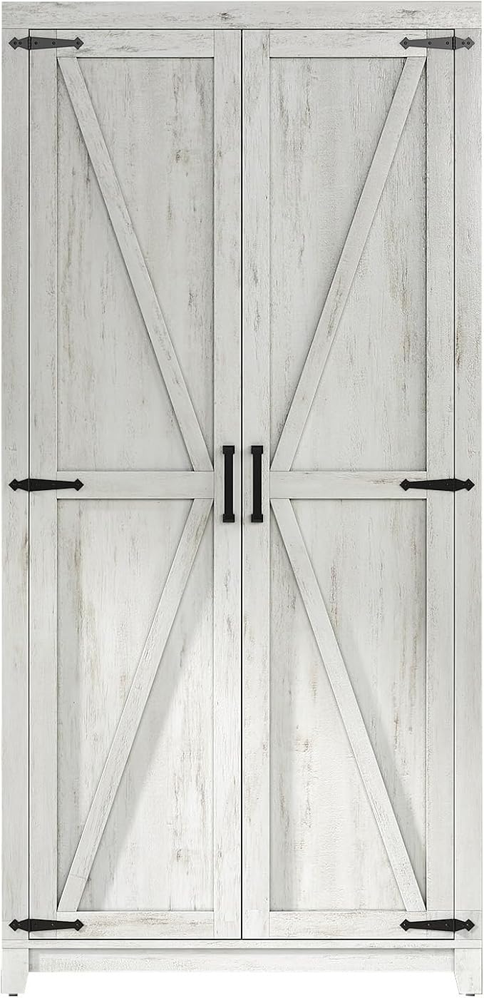 LUXOAK 70" Large Armoire Wardrobe Closet with Hanging Rod, Farmhouse Clothing Storage Cabinet with 2 Barn Doors, Wooden Tall Bedroom Armoires with Shelf, Distressed White