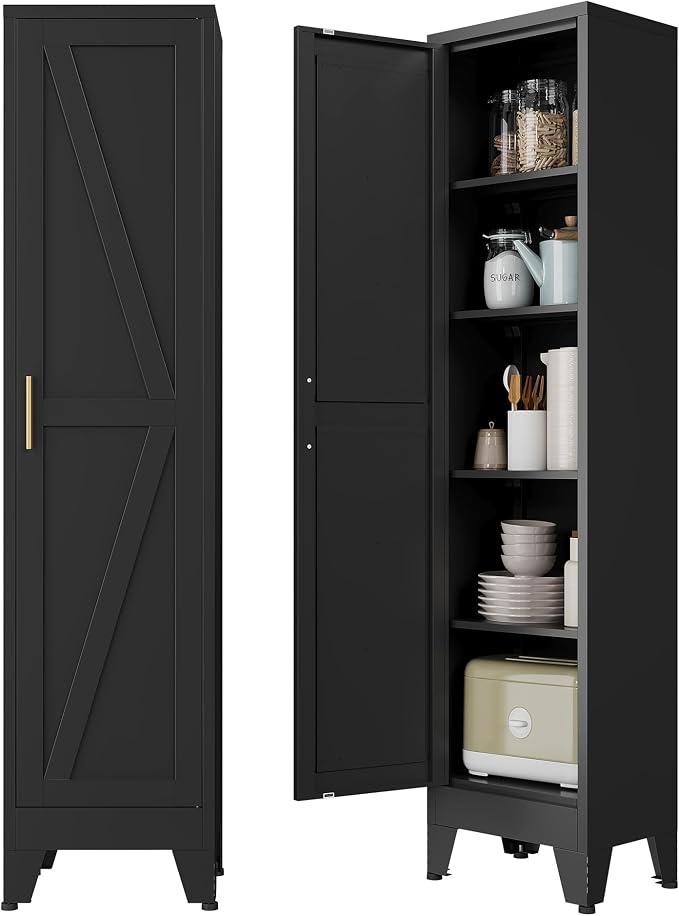Narrow Bthroom Storage Cabinet Tall Metal Storage Cbinets with 4 Adjustable Shelves Freestanding 5 Tier Slim Pantry Cabinet for Kitchen Office Small Space
