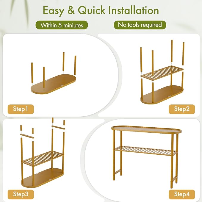 Bamboo Foyer Table for Entryway 39.4", Farmhouse Entryway Table for Hallway Oval Top, Sofa Console Table with Anti-fall Edge, TV Stand for Living Room, Indoor Plant Stand, 5min Easy Assembly, Walnut