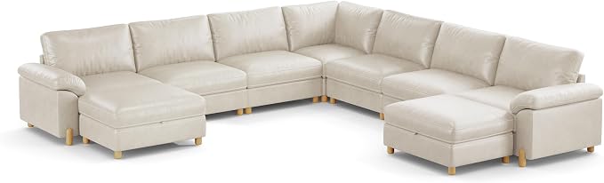 SITJOY Large Cloud Couch, 138" Wide 7 Seater V Shape, Faux Leather in White | Pet-Friendly Scratch-Resistant Leather Sectional Sofas for Living Room, Deep Seat Wide Couch with Chaise, Storage Ottoman