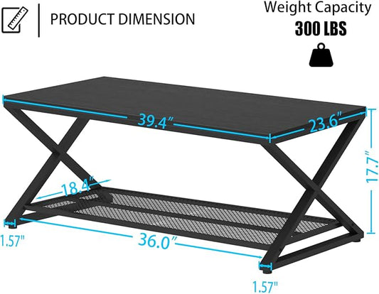 LVB Black Coffee Table, Metal Wood 2 Tier Center Tables with Storage Shelf, Modern Rectangular Cocktail Tea Table for Living Room, Wooden Middle Concrete Table for Office Bedroom, 39 inch, Black Oak