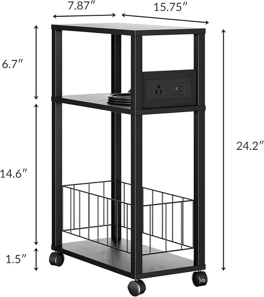 DGSANDGO Black Narrow Rolling Side Table with Charging Station (Outlets/USB Ports) & Storage Basket - Small Space End Table for Living Room Bedroom Office (Black)