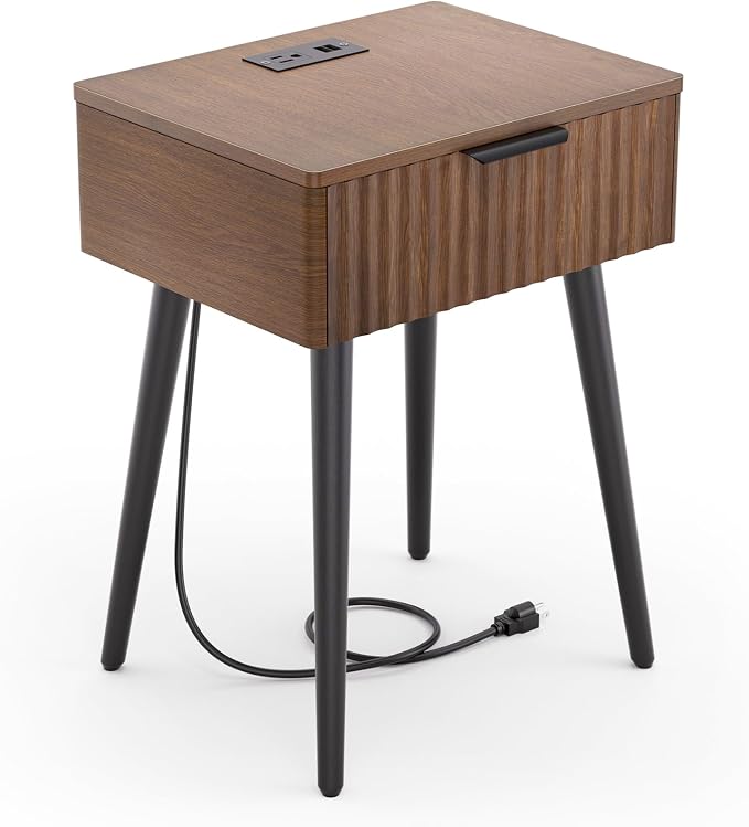 HAIOOU Fluted Mid Century Modern Nightstands Set of 2 with Charging Station, Modern Bedside Tables with Storage Drawer, Solid Wood Legs, End Tables for Bedroom Living Room