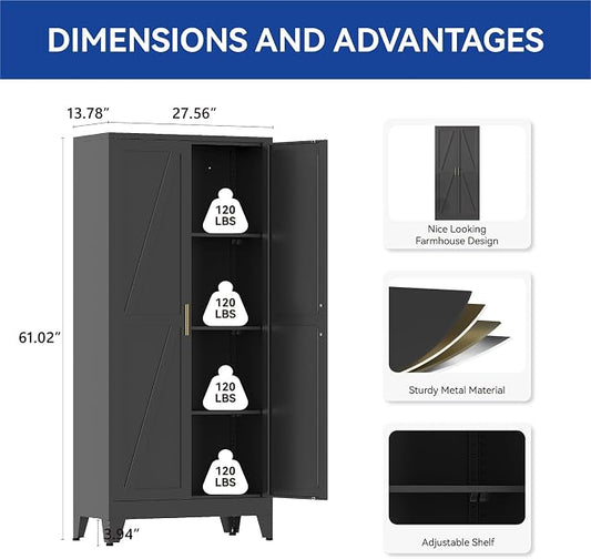 COFaR 61'' Tall Metal Storage Cabinet, Farmhouse Kitchen Pantry Cabinet with Doors and 3 Adjustable Shelves, Black Metal Cabinets for Garage, Kitchen, Bathroom, Laundry, 4-Tier