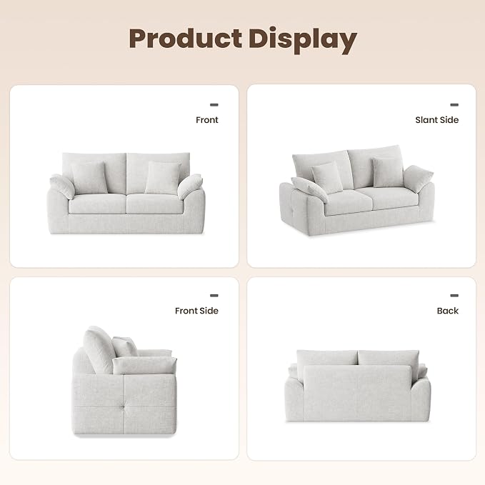 75.6" Boneless Loveseat Sofa, Polyester Fabric 2-Seater Couch with 4 Pillows, No Assembly Required, Soft High Density Foam Cushion, Rectangular Track Arm Sofa for Living Room Bedroom Apartment (Beige)