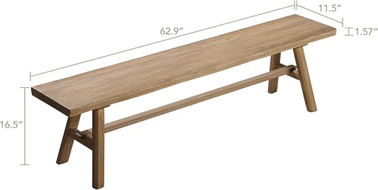 Wnutrees 63" Farmhouse Wood Bench, Rustic Solid Wood Dining Room & Entryway Bench Seat for Indoors, Easy Assembly, Natural