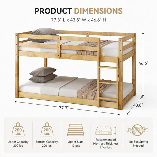 Twin Over Twin Bunk Bed, Low Profile Wooden Frame for Kids Bedroom, Floor Bunk with Ladder and Guardrails, Rubber Wood Construction, 13 Plywood Slats, No Box Spring Needed (Natural)