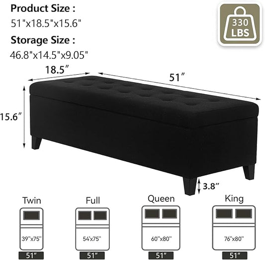 Joveco Storage Ottoman Bench, 51" Linen Rectangle Long Bench, for Bedroom, End Foot of Bed, Living Room, Entryway, Linen Black