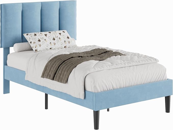 VECELO Twin Size Bed Frame with Upholstered Headboard, Heavy-Duty Bedframe with Wooden Slats & Steel Framework, Easy Assembly, Light Blue