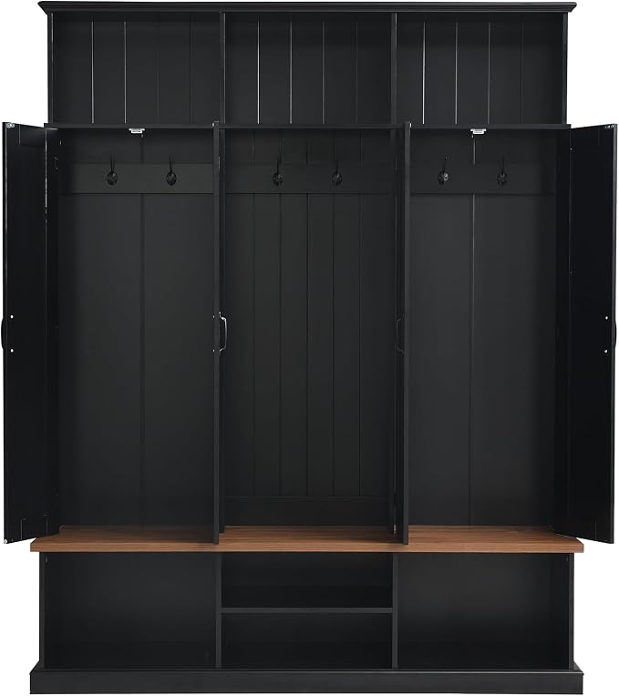 Hall Tree with Bench and Shoe Storage,Shoe and Coat Rack with Drawer and Hooks,Farmhouse Furniture for Entryway,Mudroom,Living Room,Black (Black, 62.2" W)