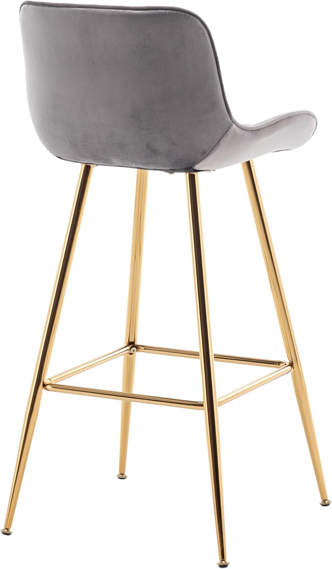 Sidanli Gold Bar Stools Set of 2, 29” Velvet Barstools, Kitchen Chairs for Bar Height with Back and Footrest, Gray
