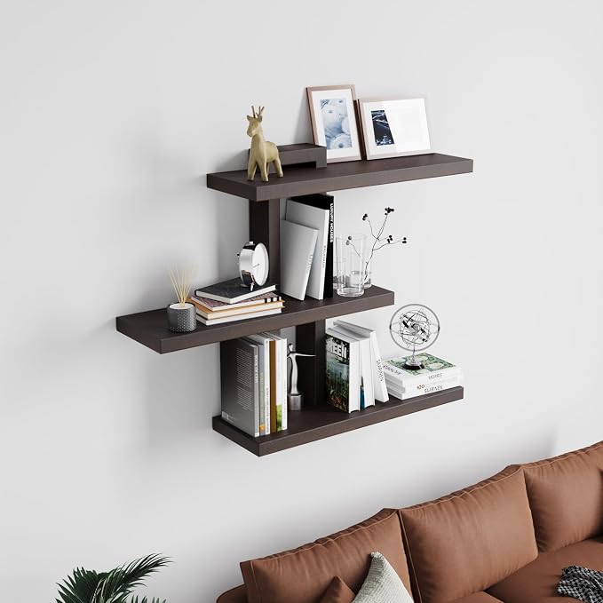 yaqew Variable Wood Floating Shelves Set of 3, Wall Cube Shelves 28.35" Max, Wall Shelves for Living Room Bathroom Bedroom - Dark Walnut Color - 28.35" x 23" x 5.9" Max