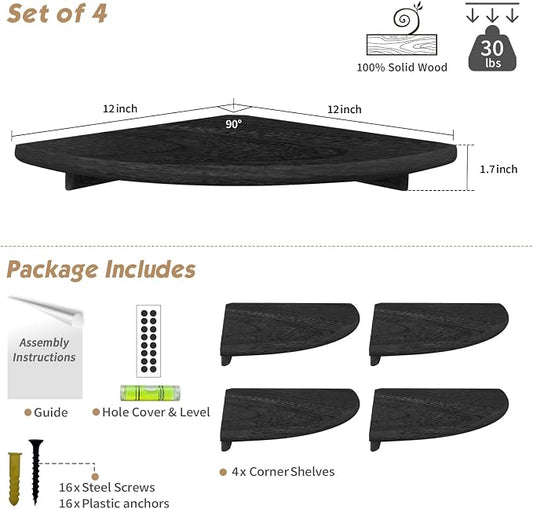 Forbena Black Floating Corner Bookshelf for Wall Set of 4, Large Corner Plant Shelves for Living Room, Rustic Rounded Hanging Bookshelves Wall Mounted for Bedroom Books, Kitchen, Closet, Office