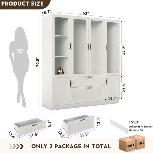 MEISSALIVVE 6 Door Armoire Wardrobe Closet with Frosted Glass Door, 70.9''H Clothing Storage Cabinet with Hanging Rod & 2 Drawers, Adjustable Shelves, Clothes Wardrobe Armoire for Bedroom, Wood Grain