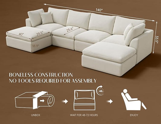 ohllob Oversized Cloud Sectional Couches for Living Room, Boneless U Shaped Couch with Ottoman, 4 Seater Modular Sectional Sofa, Warm White