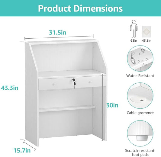 31.5 Inch Small White Reception Desk with Drawer for Salon Front Modern Standing Receptionist Room Tables Checkout Counter for Office