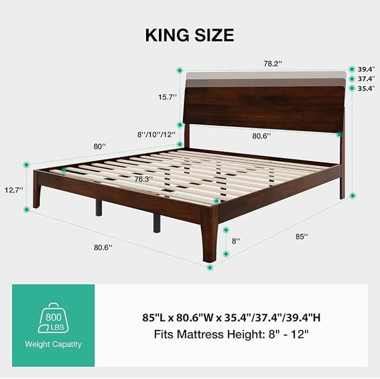 Novilla King Size Bed Frame with 3-Level Adjustable Storage Headboard, Solid Wood Platform Bed Frame with Slats, No Box Spring Needed, Noise Free, Walnut Finish for Master Bedroom and Guest Room