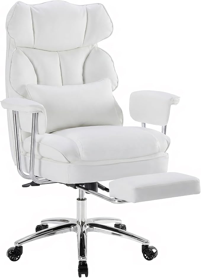 Executive Ergonomic Office Chair, PU Leather High Back Reclining Office Chair with Footrest and Lumbar Support, Height Adjustable Rolling Swivel Computer Chair for Home Office,White