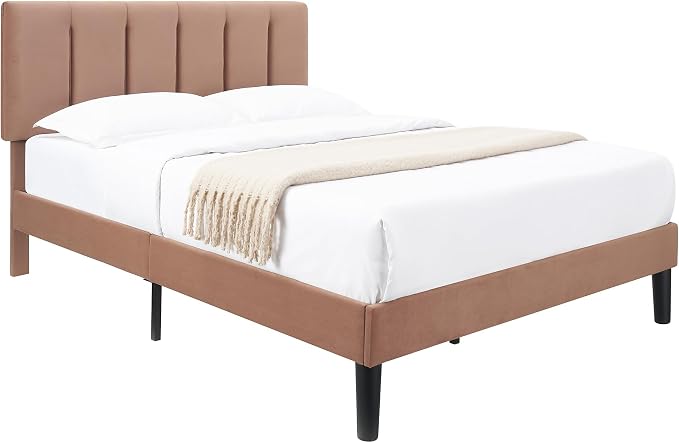 VECELO Full Size Bed Frame with Upholstered Headboard, Heavy-Duty Bedframe with Wooden Slats & Steel Framework, Easy Assembly, Coffee