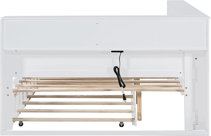 Bellemave Full Corner Bed Frame with Trundle, Wood Full Size Daybed with L-Shaped Bookcase,Daybed with Storage Cabinets, White