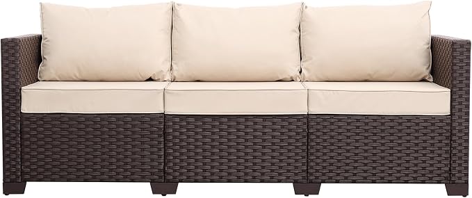 Oasishine Patio Furniture 3-seat Sofa Wicker Outdoor Furniture Outdoor Couch Deep Seat Hight Backrest Non-Slip Cushions, Khaki
