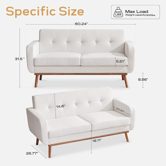 HUIMO Sofa Couch, Mid Century Modern Sofa with Solid Wood Frame, Button Tufted Couch for Bedroom, Living Room, Office, Apartment (White, 60 inch)