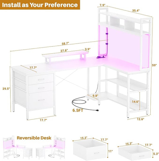 Aheaplus L Shaped Gaming Desk with Hutch, Gaming Desk with Led Lights, Reversible Computer Desk with Power Outlet, Corner Desk with File Drawer & Monitor Stand, Storage Shelves for Home Office, White
